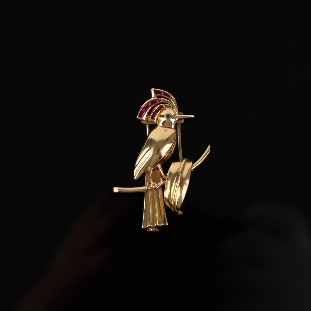 Retro 14k Gold Ruby Bird Brooch Pin
