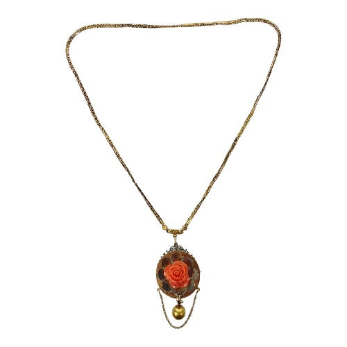 Victorian 14k Gold Coral Carved Flower Necklace