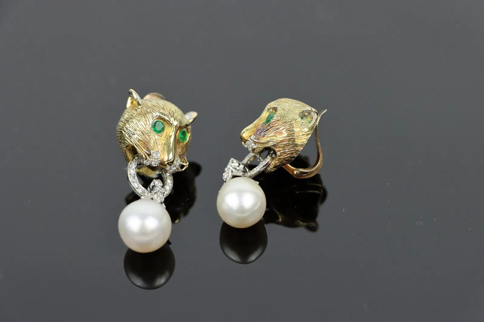 Vintage 14k Gold Gem Mounted Puma Form Earrings