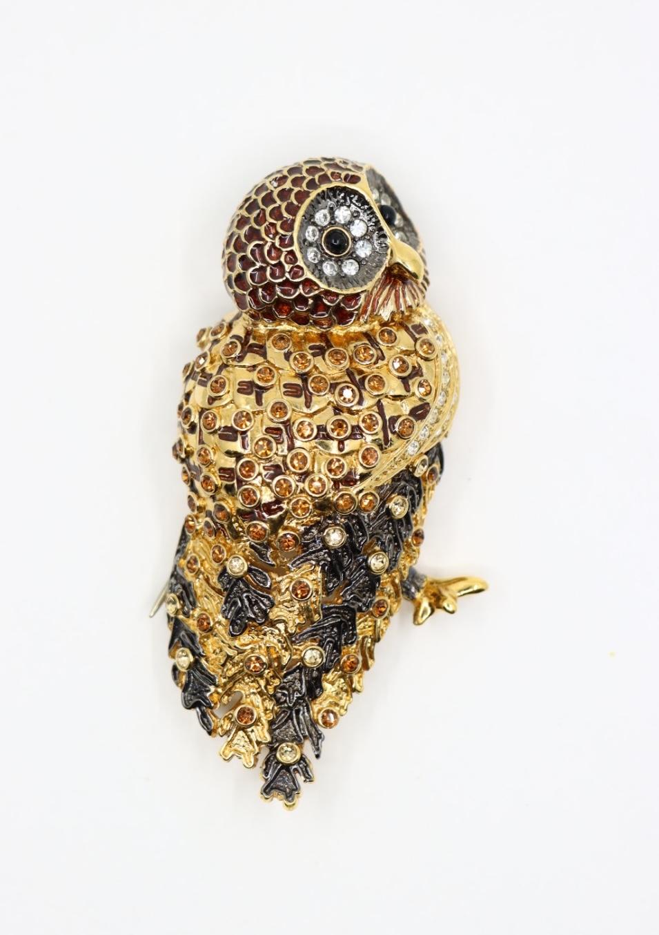 Vintage Signed Nolan Miller Gold Tone Rhinestone Owl Brooch Pin