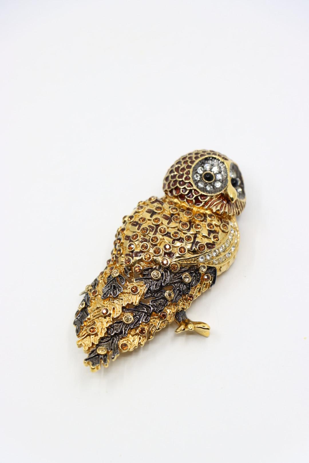 Vintage Signed Nolan Miller Gold Tone Rhinestone Owl Brooch Pin