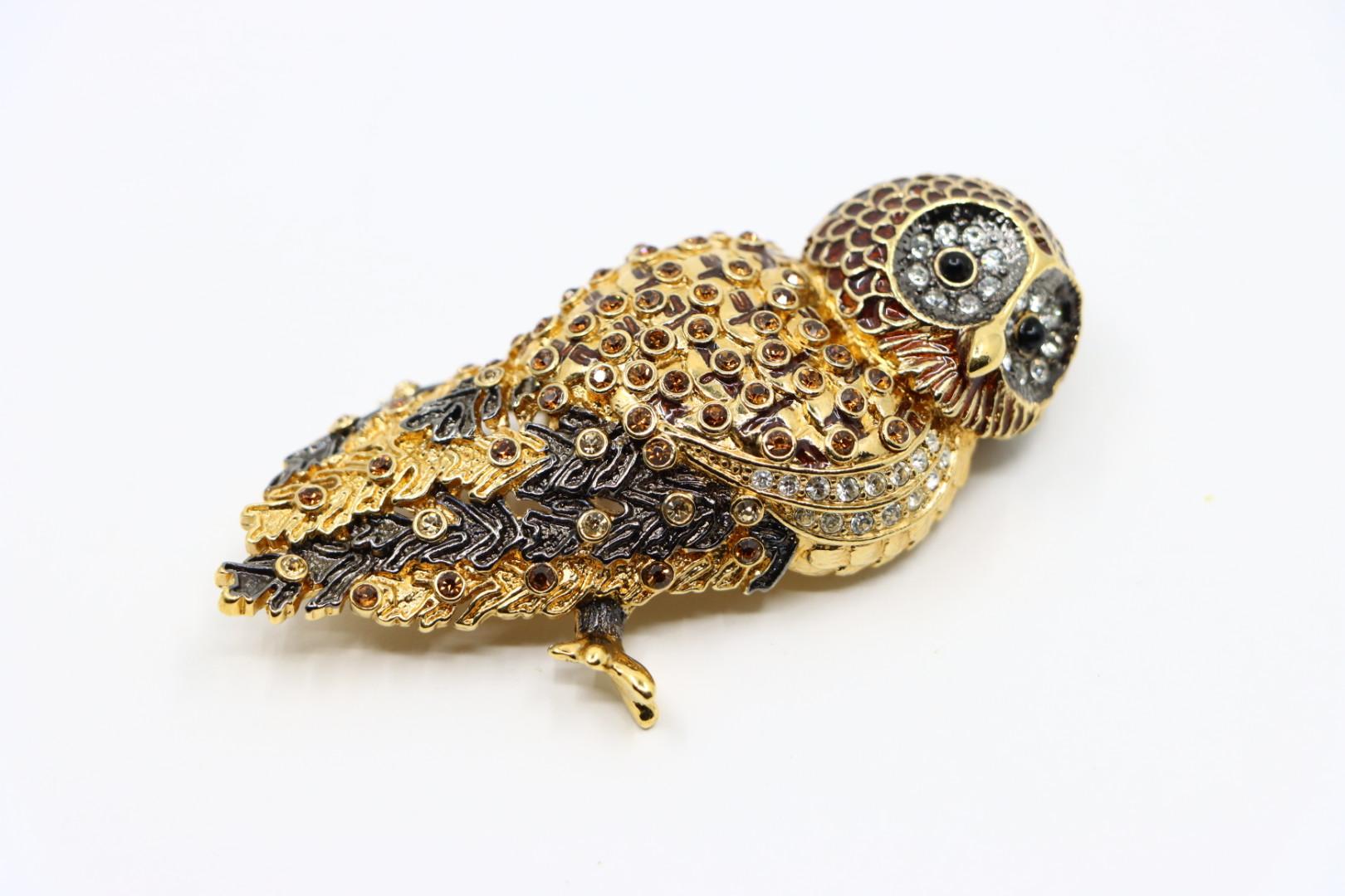 Vintage Signed Nolan Miller Gold Tone Rhinestone Owl Brooch Pin