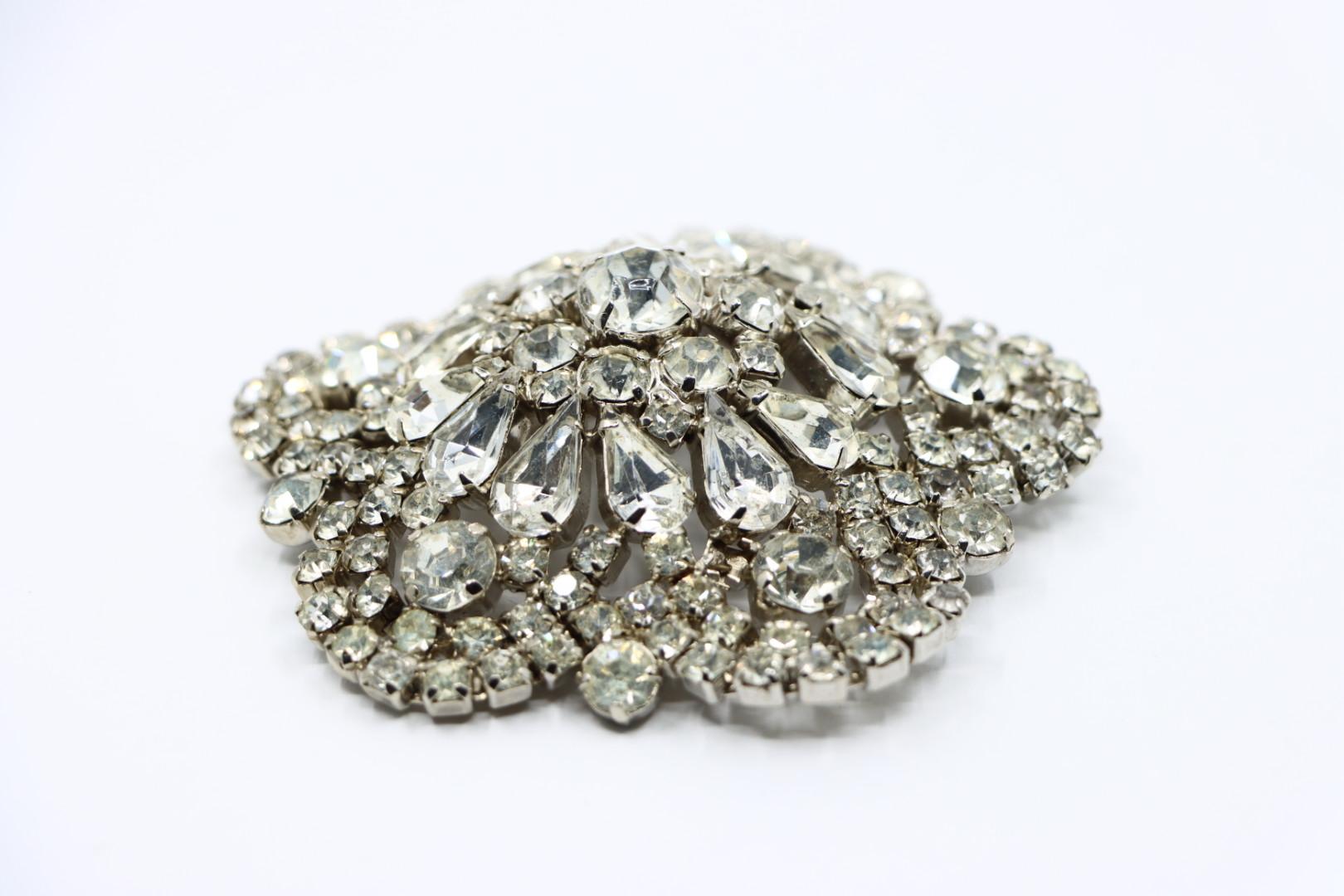 Vintage Silver Tone Rhinestone Flower Brooch Pin