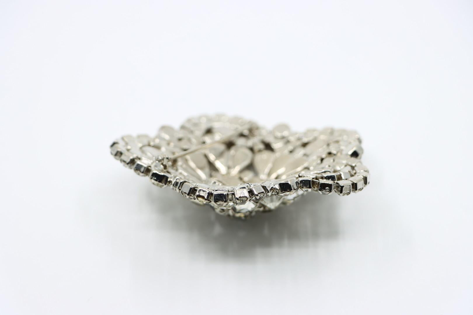 Vintage Silver Tone Rhinestone Flower Brooch Pin