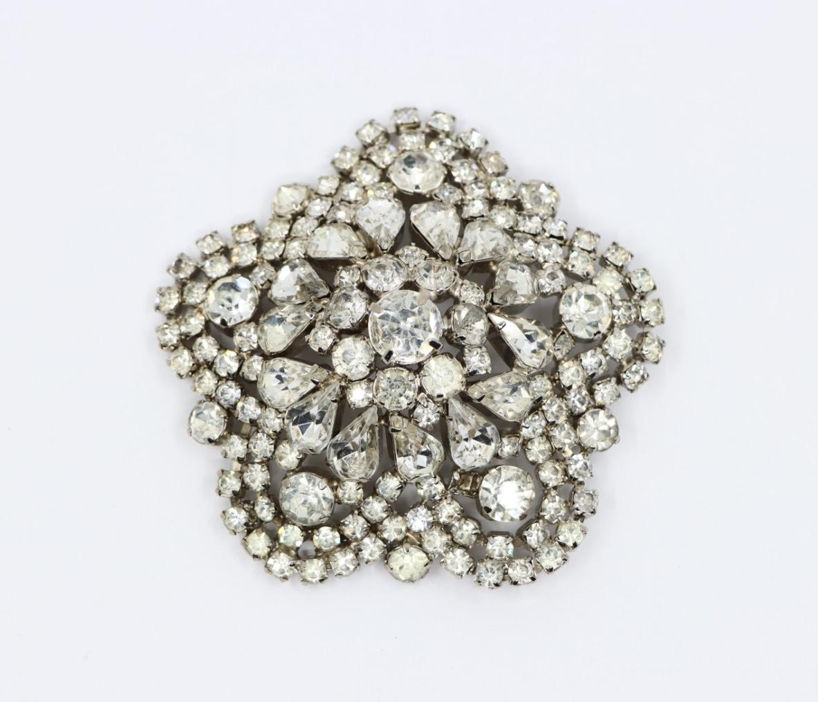 Vintage Silver Tone Rhinestone Flower Brooch Pin