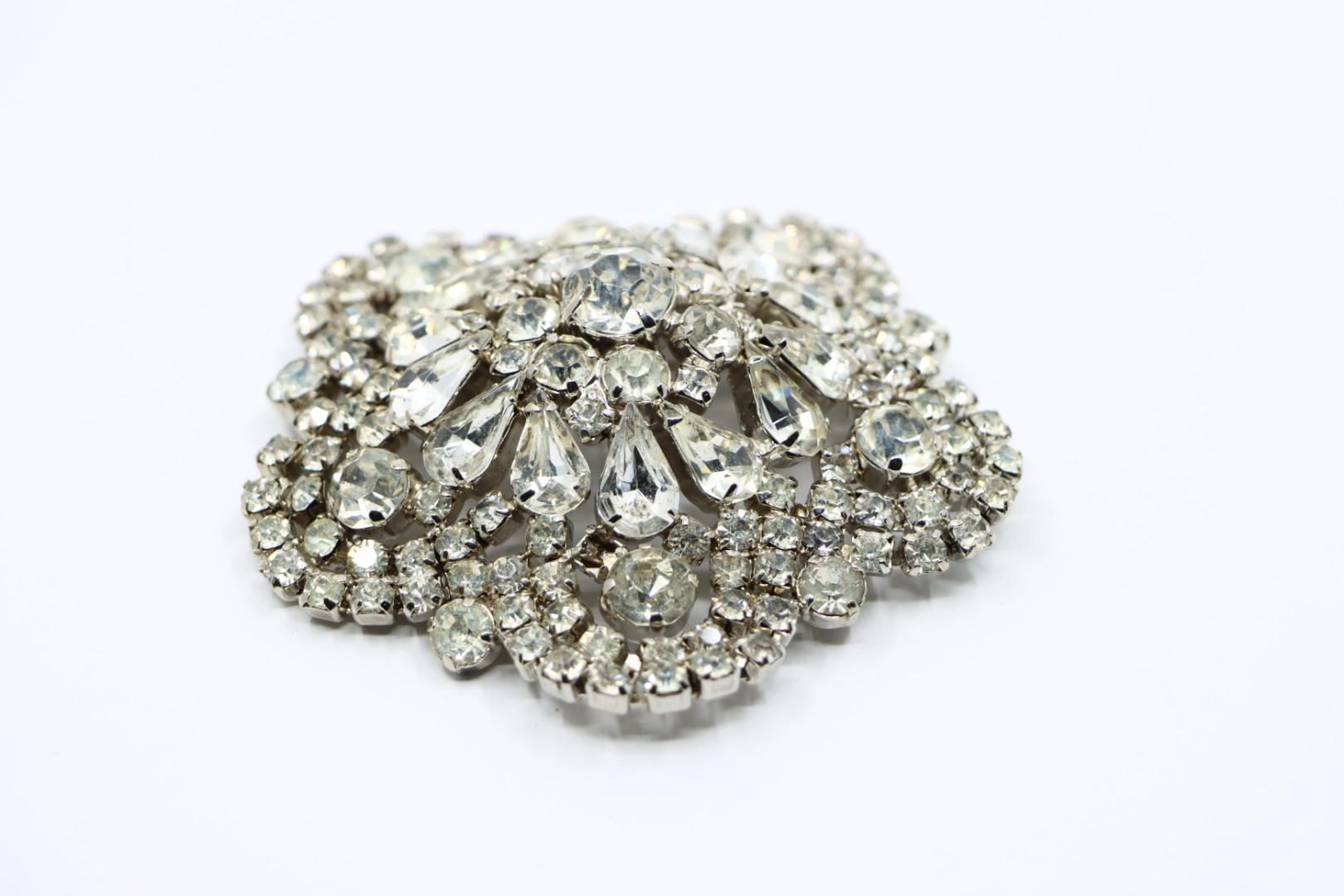 Vintage Silver Tone Rhinestone Flower Brooch Pin