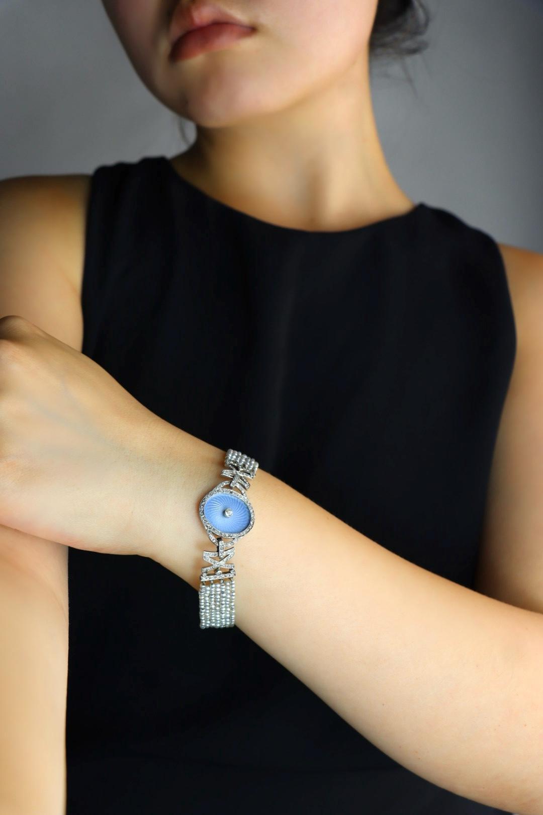 Art Deco Platinum Guilloché Enamel, Diamond & Seed Pearl Bracelet