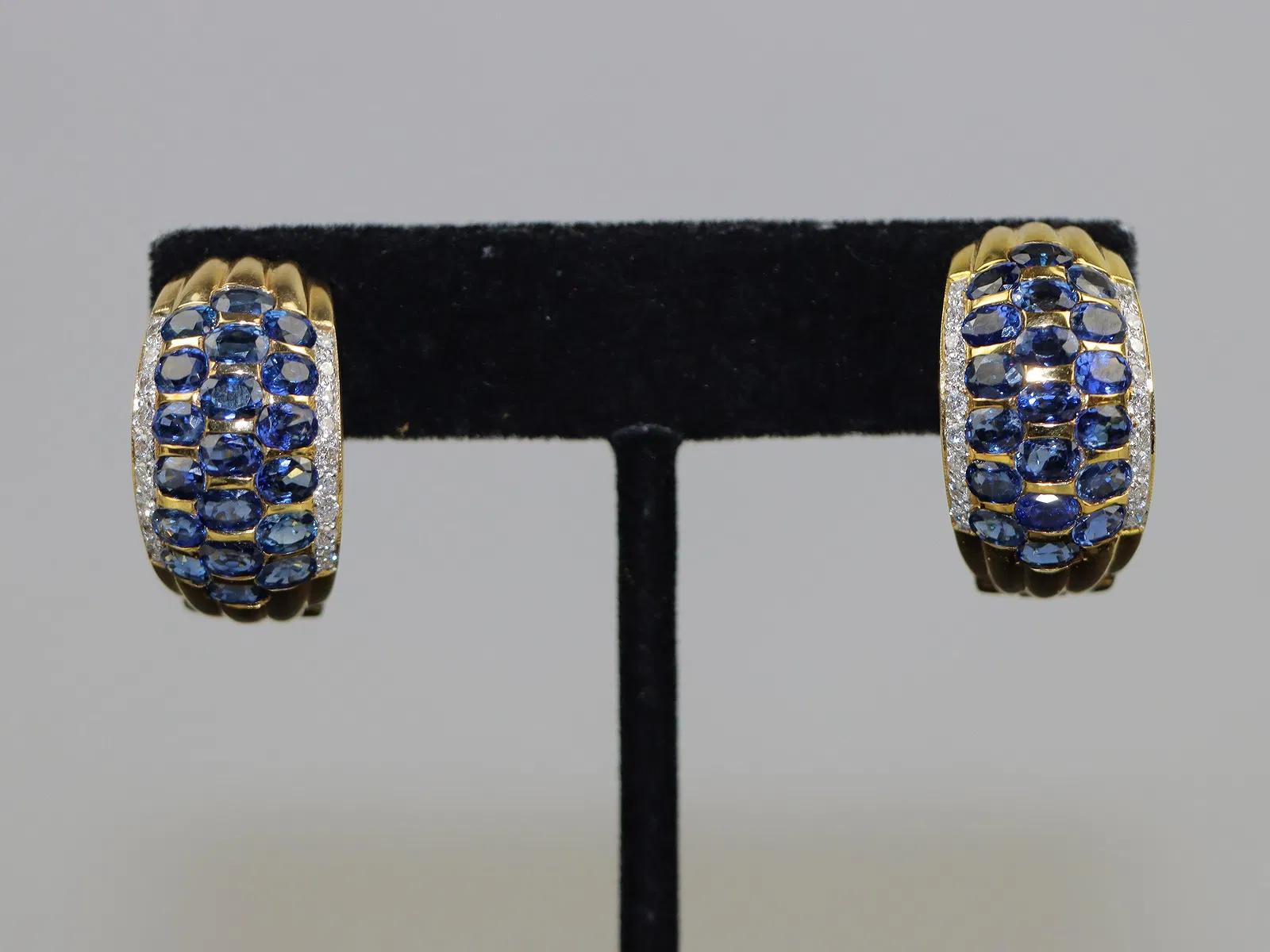 Vintage 18K Gold Diamond and Sapphire Huggie Earrings