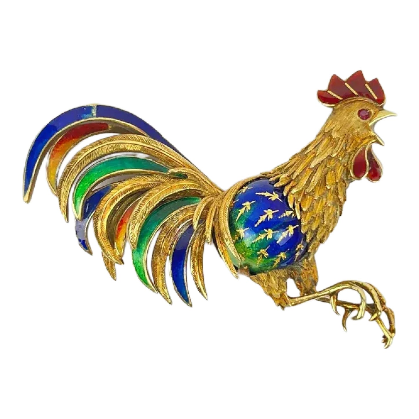 Vintage 18k Gold Enamel Ruby Rooster Brooch Pin