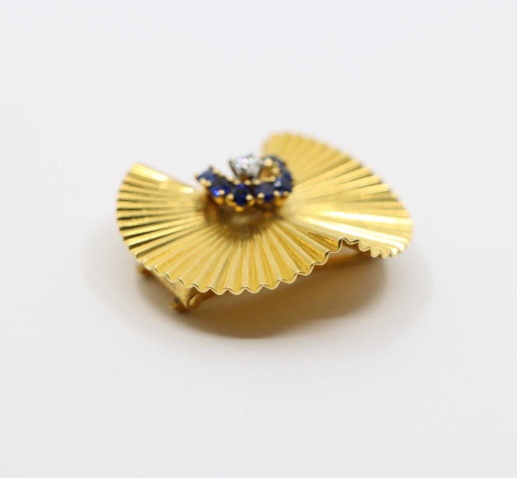 Cartier Retro 18K Gold Sapphire Diamond Brooch