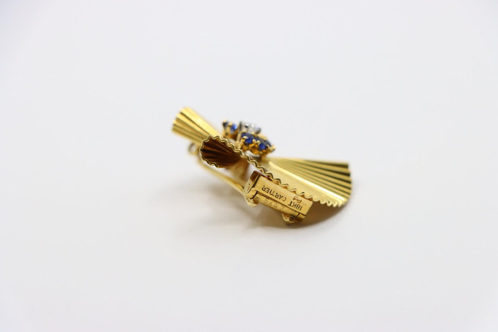 Cartier Retro 18K Gold Sapphire Diamond Brooch