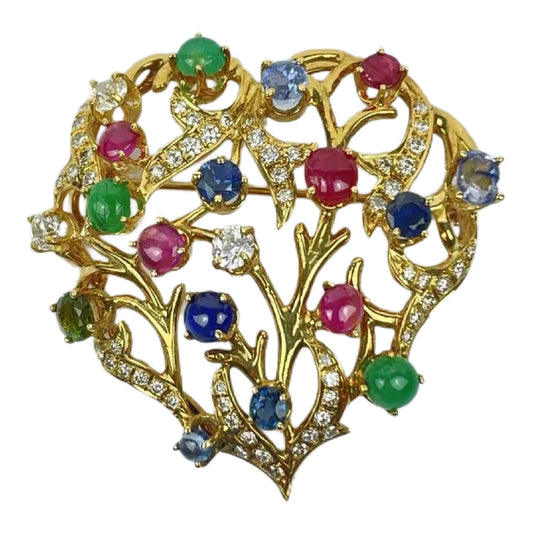 18k Gold Ruby Sapphire Emerald Diamond Peridot Brooch Pin