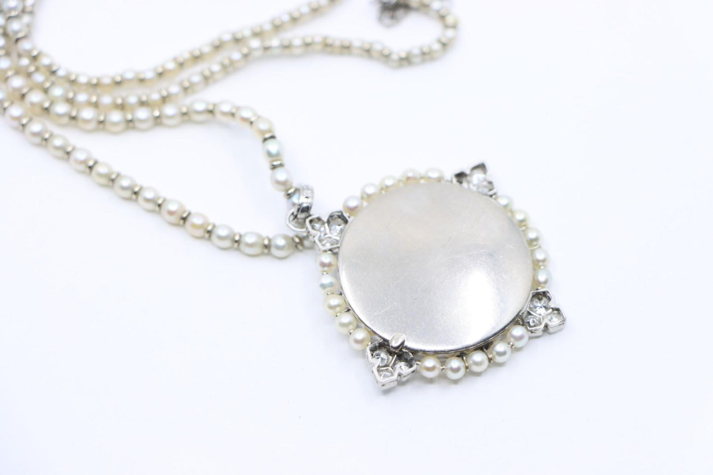 Rare Art Deco Platinum Natural Pearl Diamond Locket Pendant Necklace