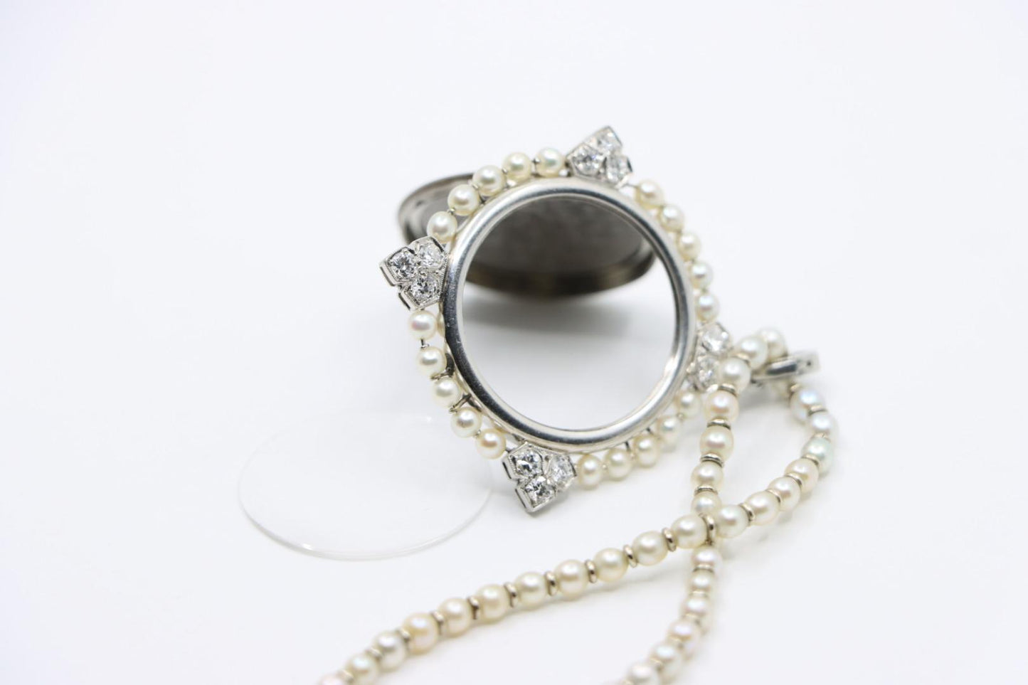 Rare Art Deco Platinum Natural Pearl Diamond Locket Pendant Necklace