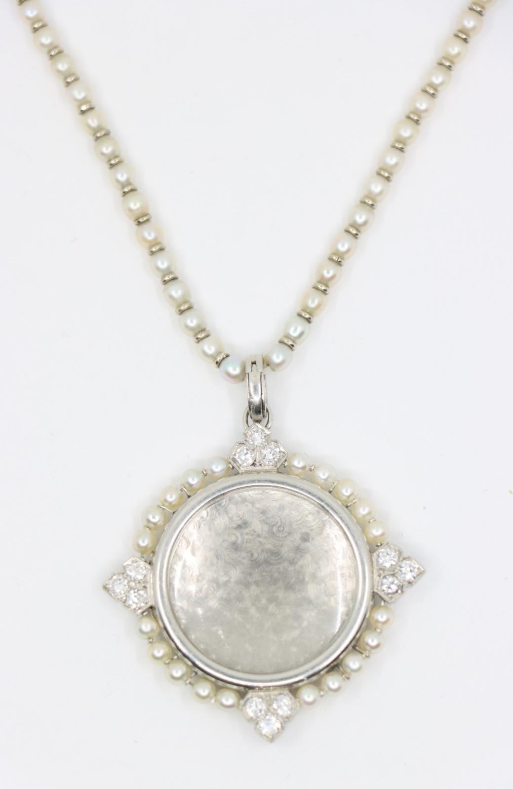 Rare Art Deco Platinum Natural Pearl Diamond Locket Pendant Necklace