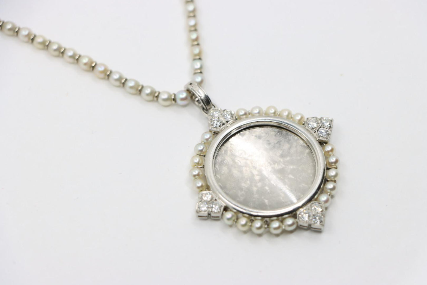 Rare Art Deco Platinum Natural Pearl Diamond Locket Pendant Necklace