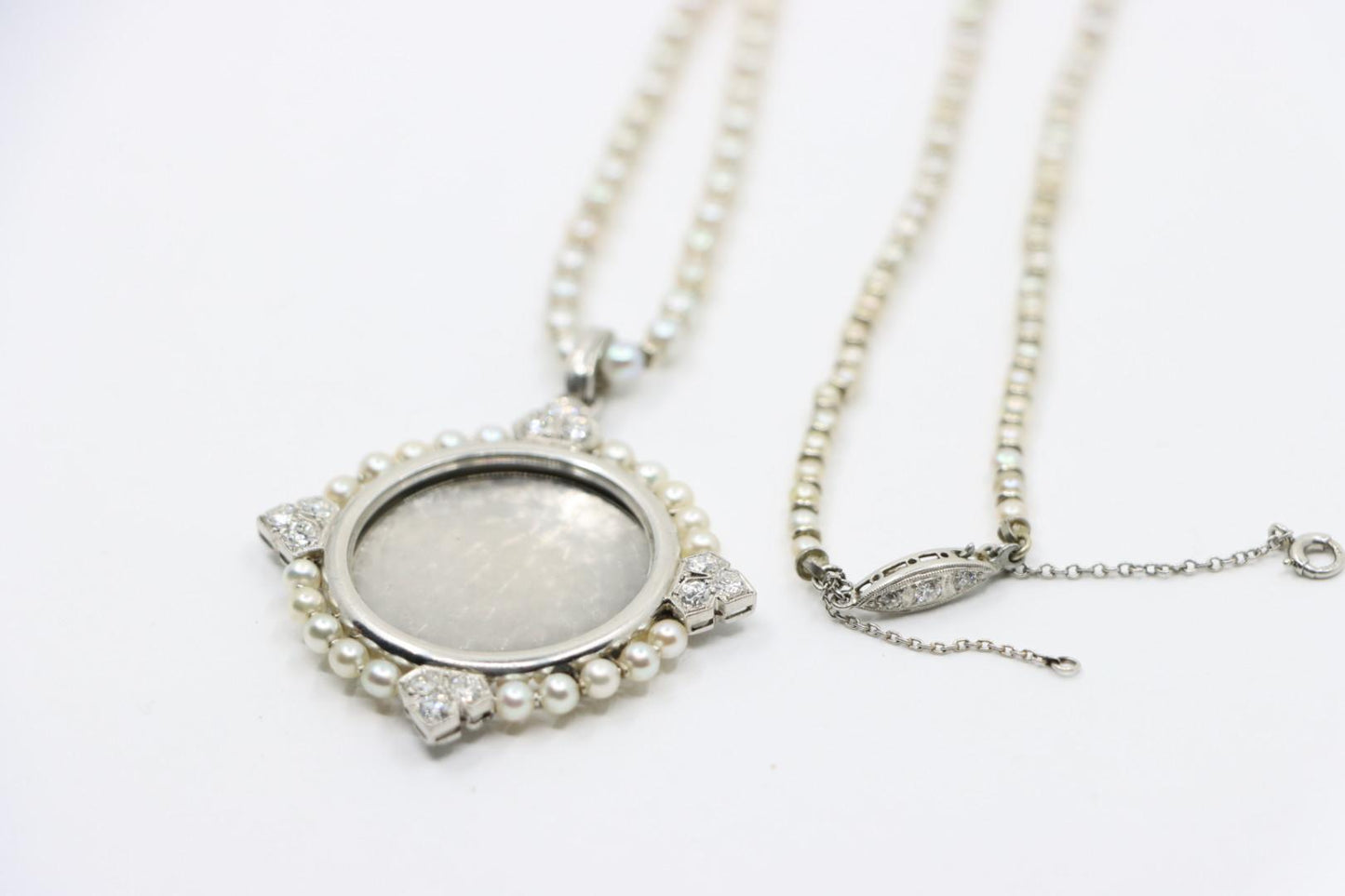 Rare Art Deco Platinum Natural Pearl Diamond Locket Pendant Necklace