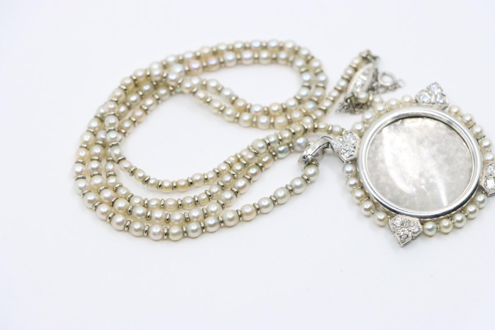 Rare Art Deco Platinum Natural Pearl Diamond Locket Pendant Necklace