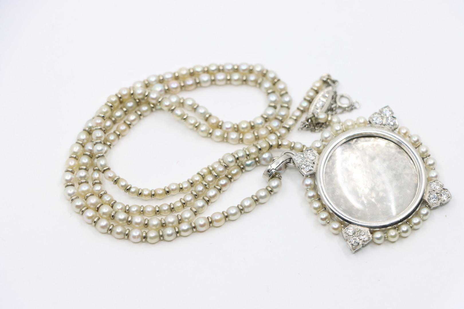 Rare Art Deco Platinum Natural Pearl Diamond Locket Pendant Necklace