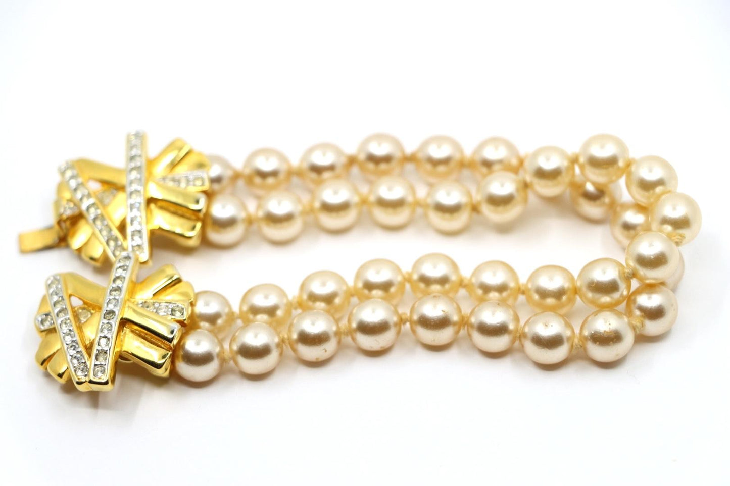 Vintage KJL Gold Tone Rhinestone Faux Pearl Bracelet