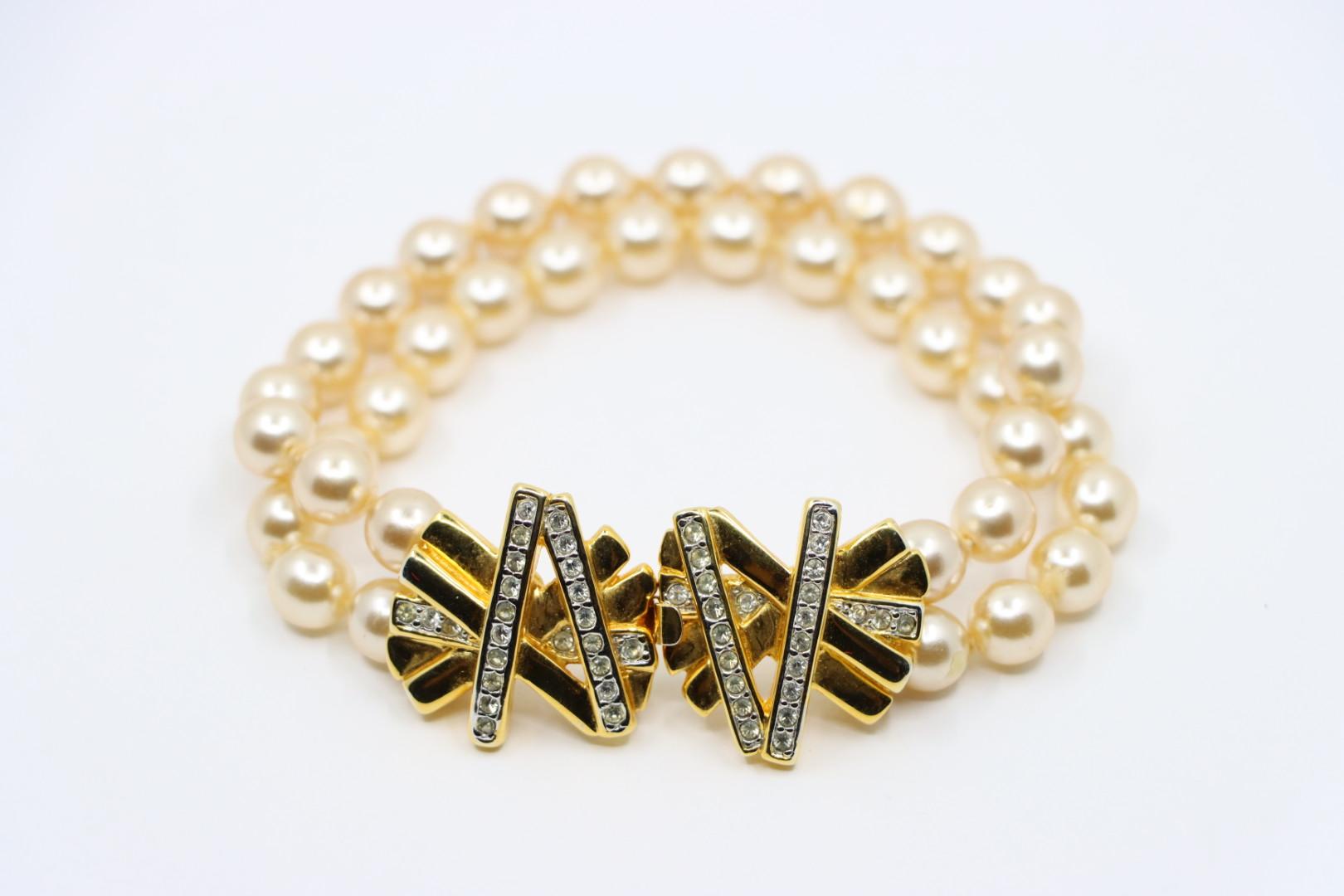 Vintage KJL Gold Tone Rhinestone Faux Pearl Bracelet