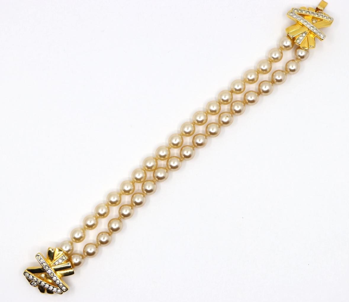 Vintage KJL Gold Tone Rhinestone Faux Pearl Bracelet