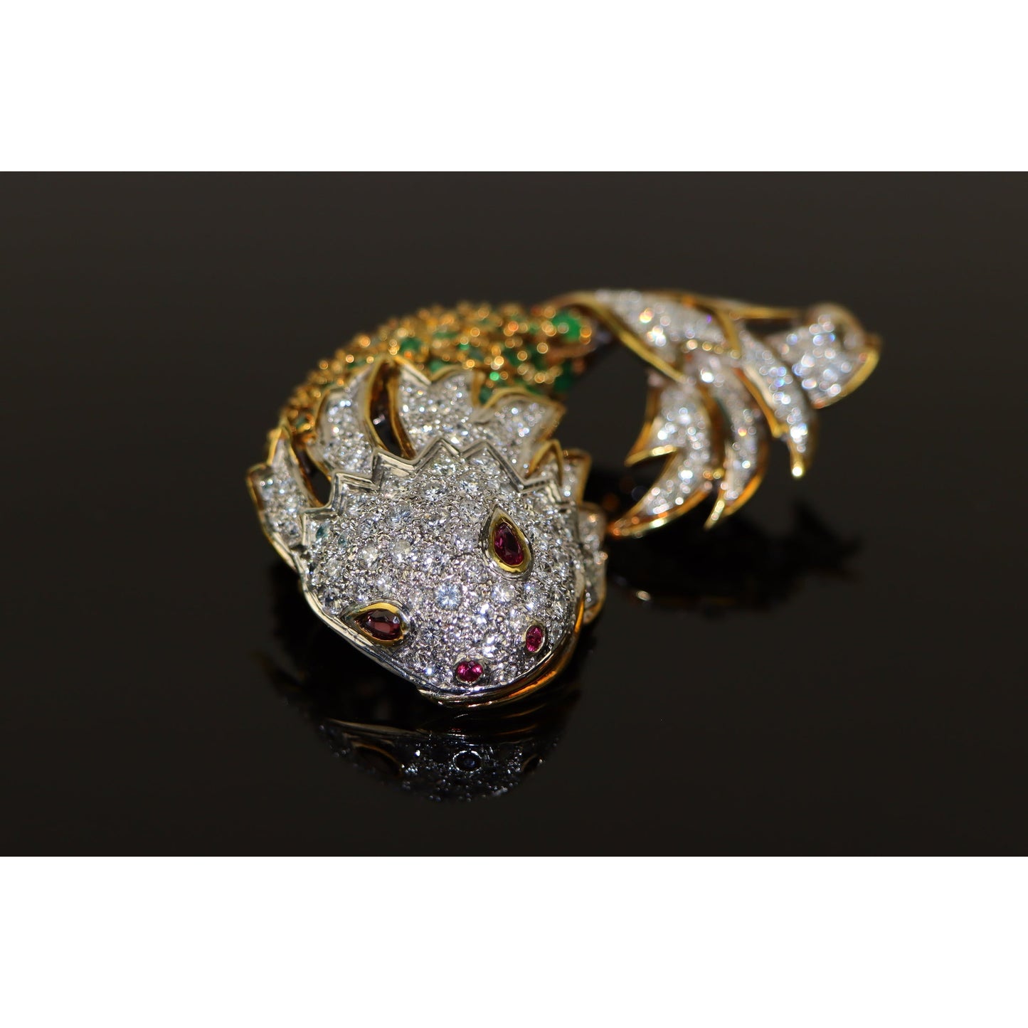 La Triomphe 18K Gold Diamond Emerald Ruby Fish Brooch Pin