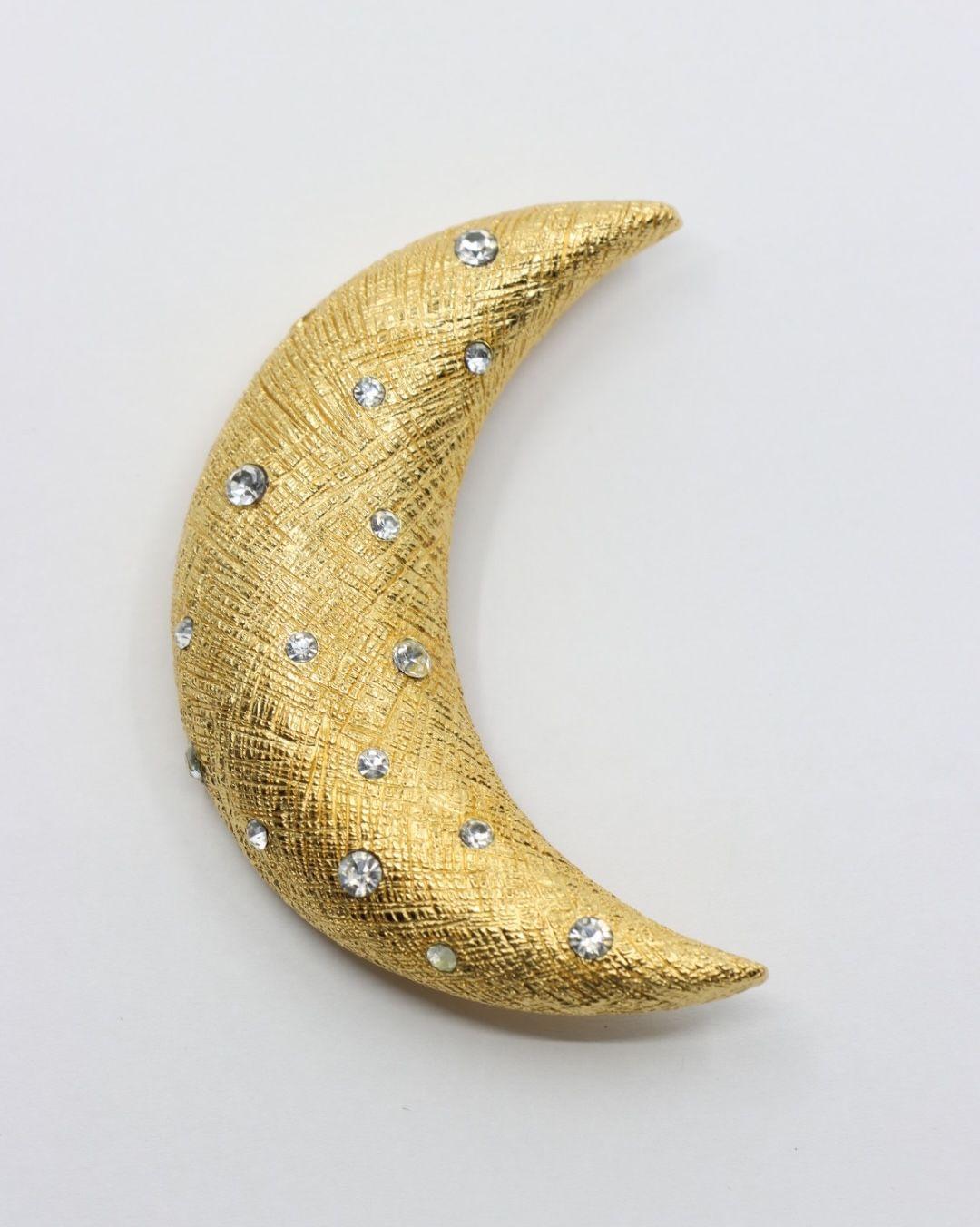 Vintage Christian Dior Gold Tone Rhinestones Moon Brooch Pin