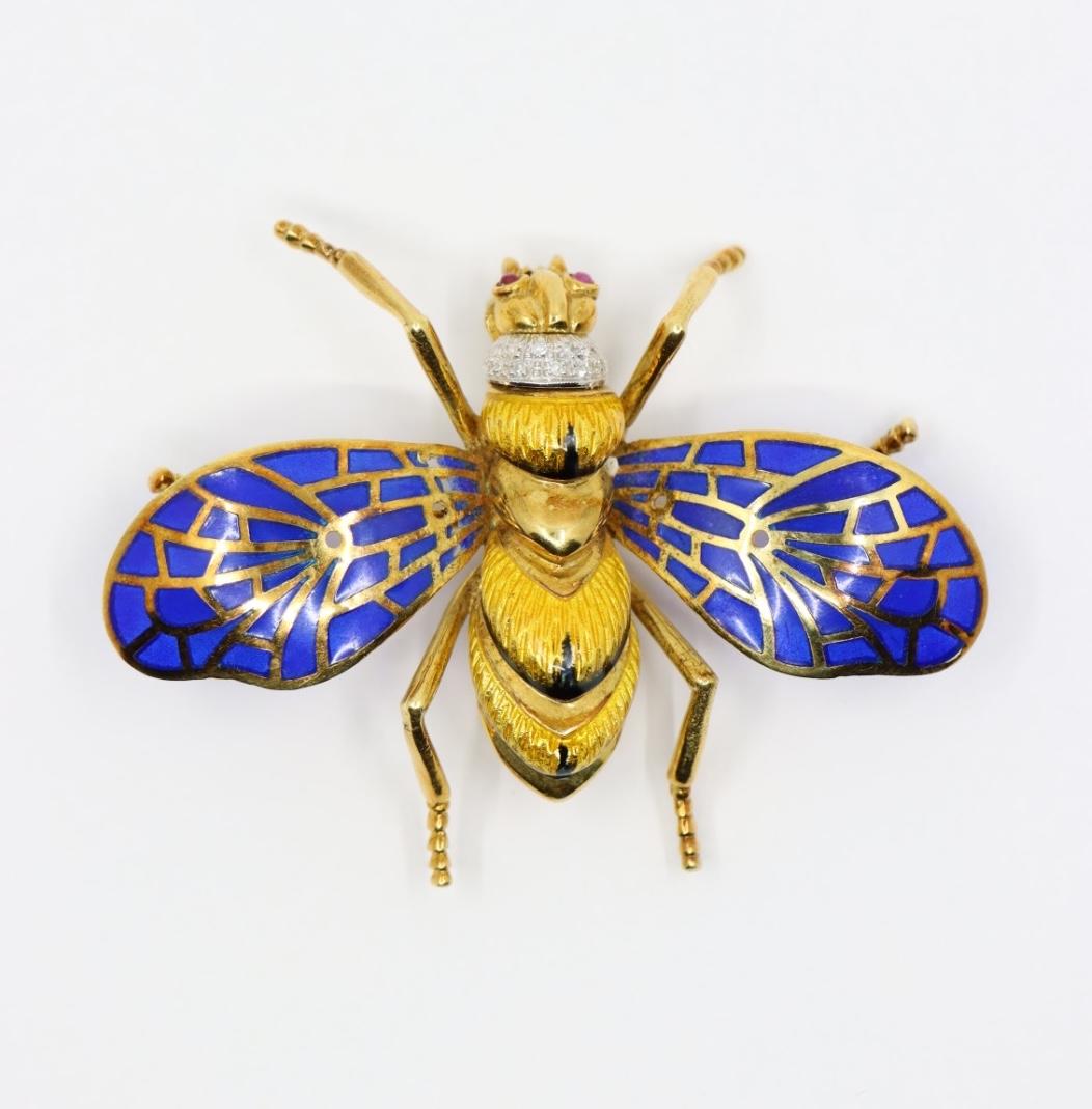 Vintage 18K Gold Diamond Enamel Bee Brooch Pin