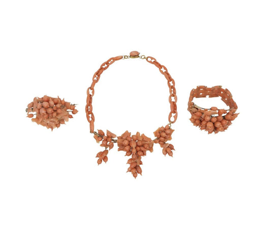 A Rare Antique Victorian Coral Parure - Coral Necklace, Bracelet & Brooch