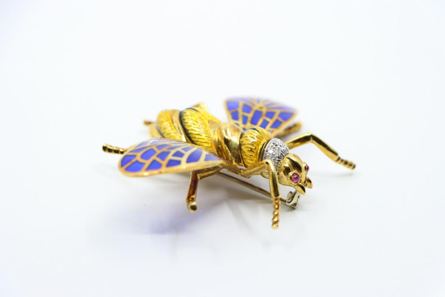 Vintage 18K Gold Diamond Enamel Bee Brooch Pin