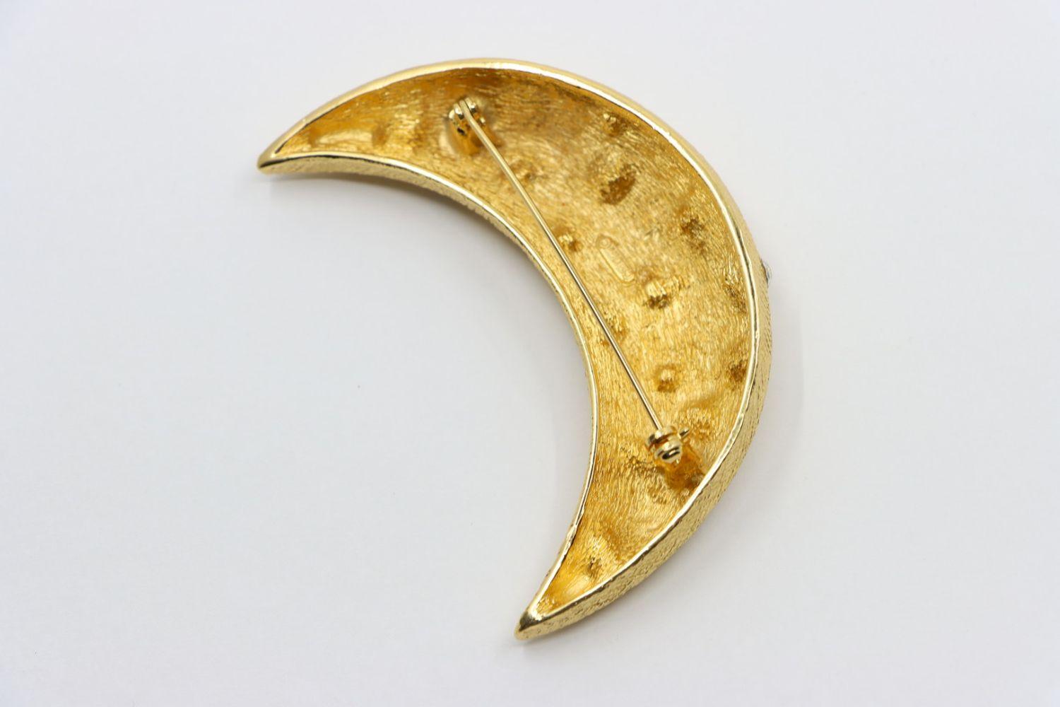 Vintage Christian Dior Gold Tone Rhinestones Moon Brooch Pin