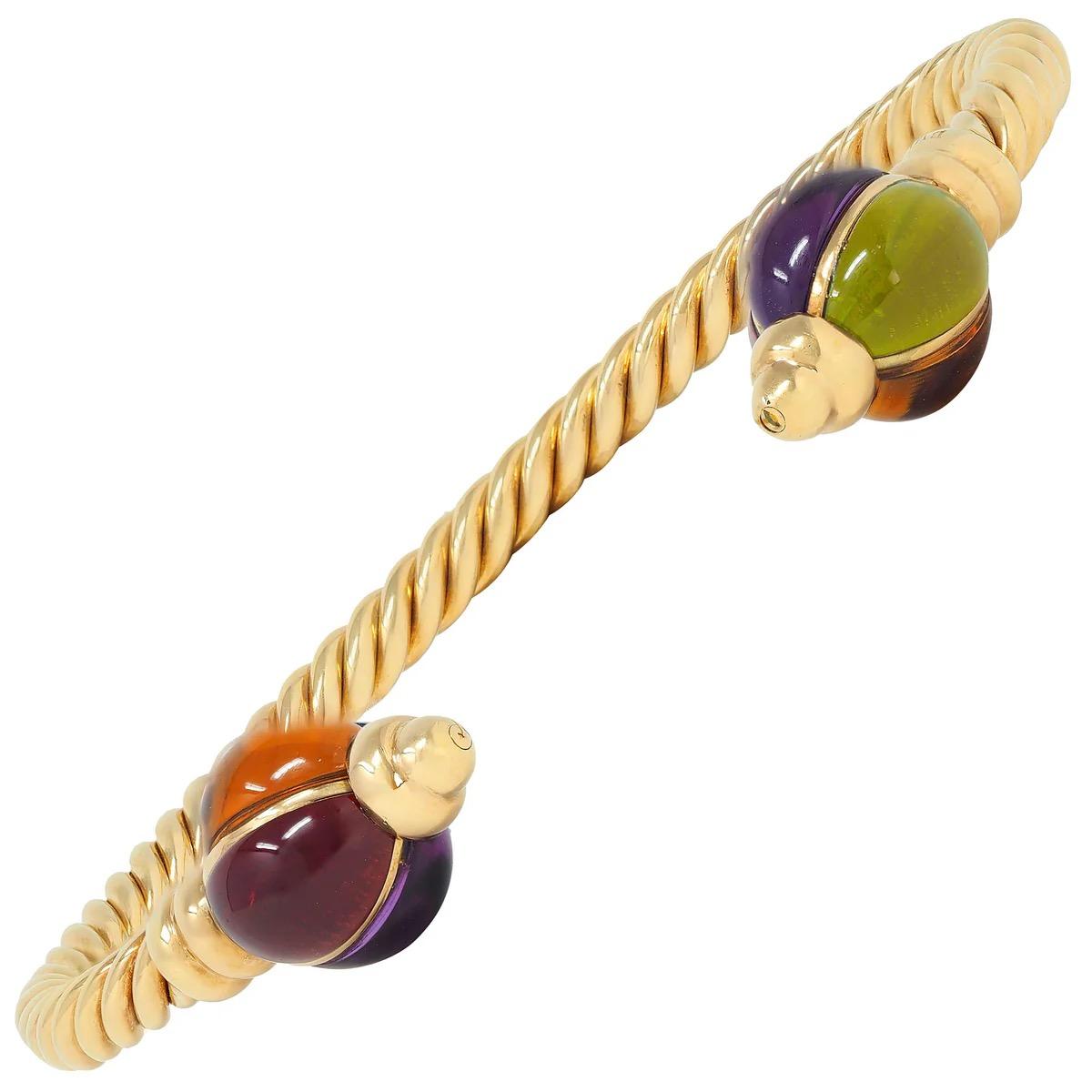 1980's Bulgari 18K Gold Multi-Gemstone Twisted Rope Cuff Bracelet