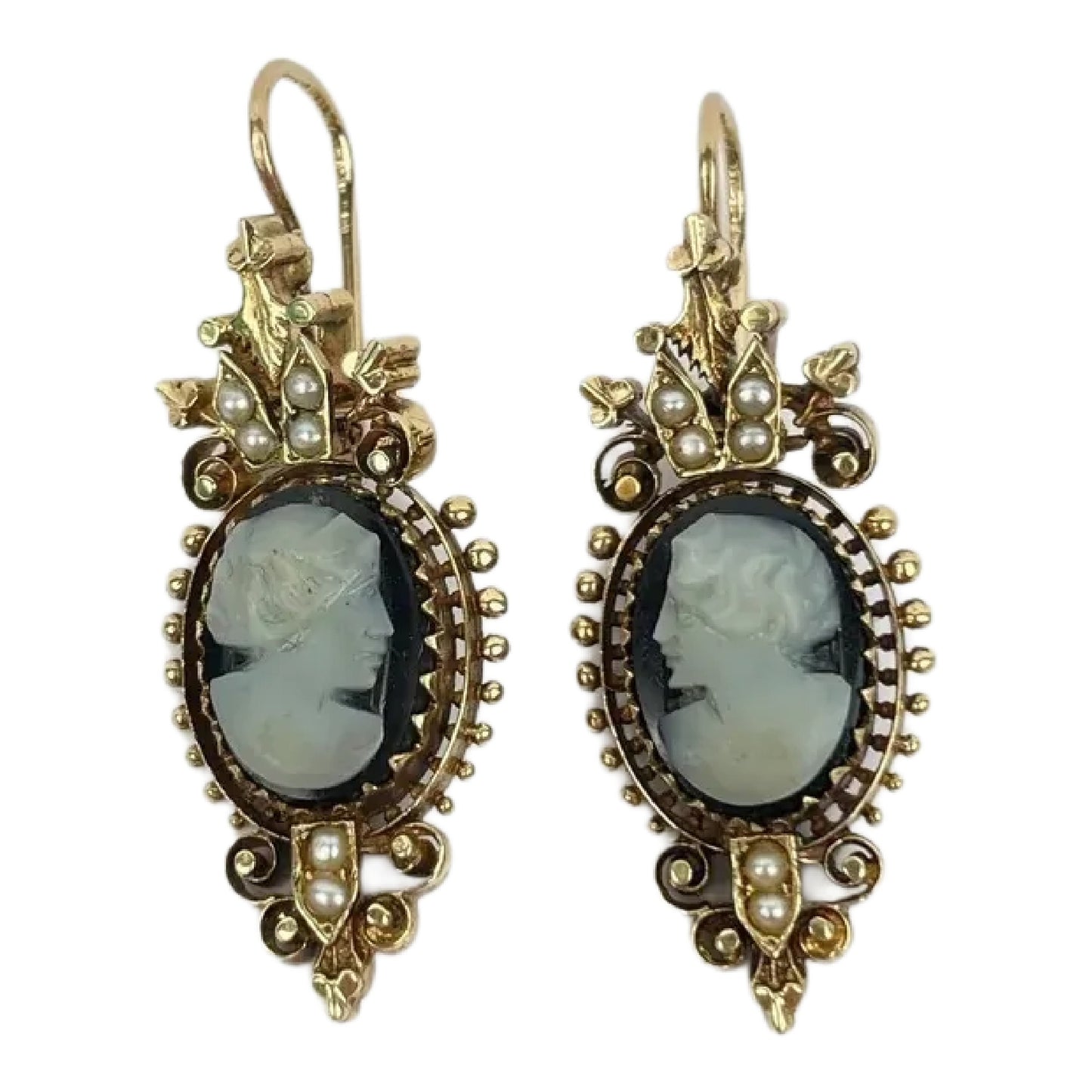 Pair of Victorian 14k Gold Pearl Cameo Earrings