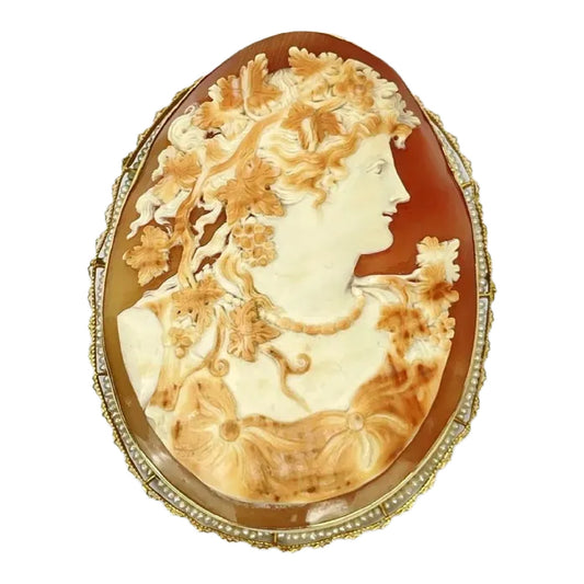 Massive 14k Gold Cameo Seed Pearl Pendant Brooch