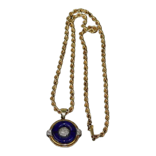 14K Gold Blue Lapis & Diamond Pendant Necklace