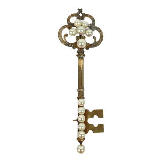 Antique 14k Gold Pearl Key Brooch Pin