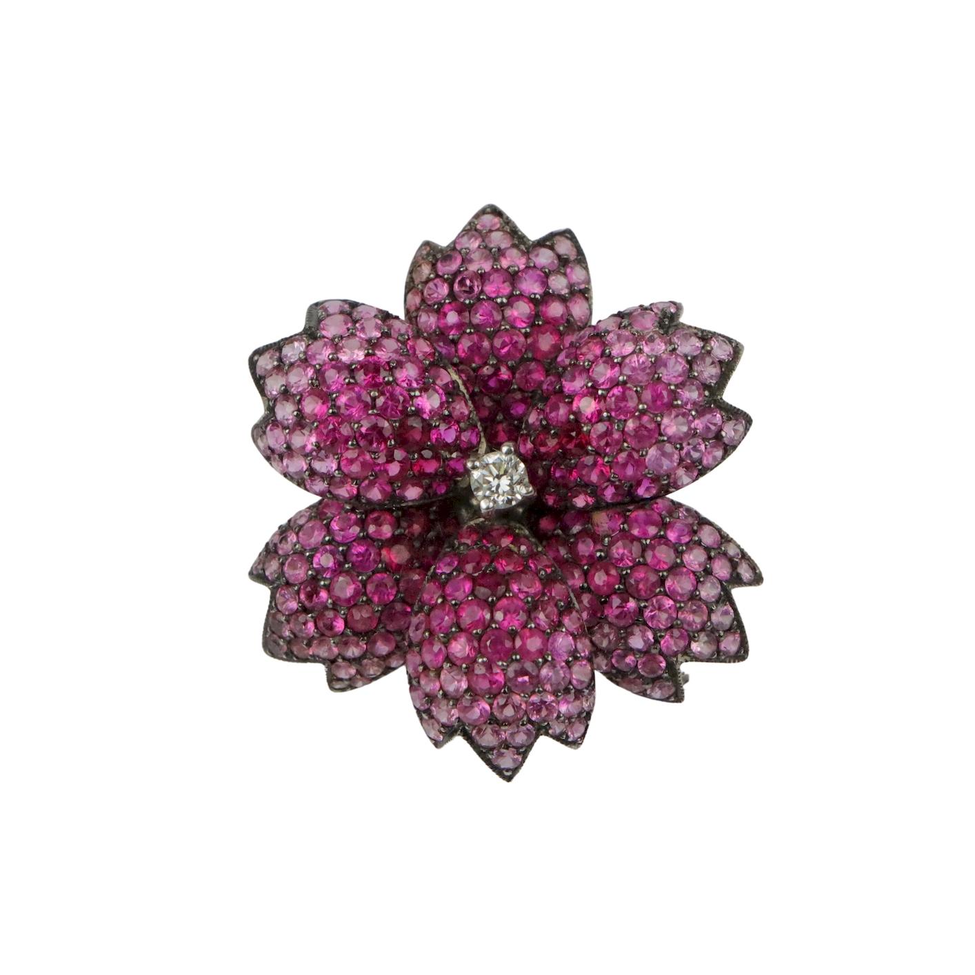 18K Gold Gradient Pink Sapphire Flower Brooch Pendant