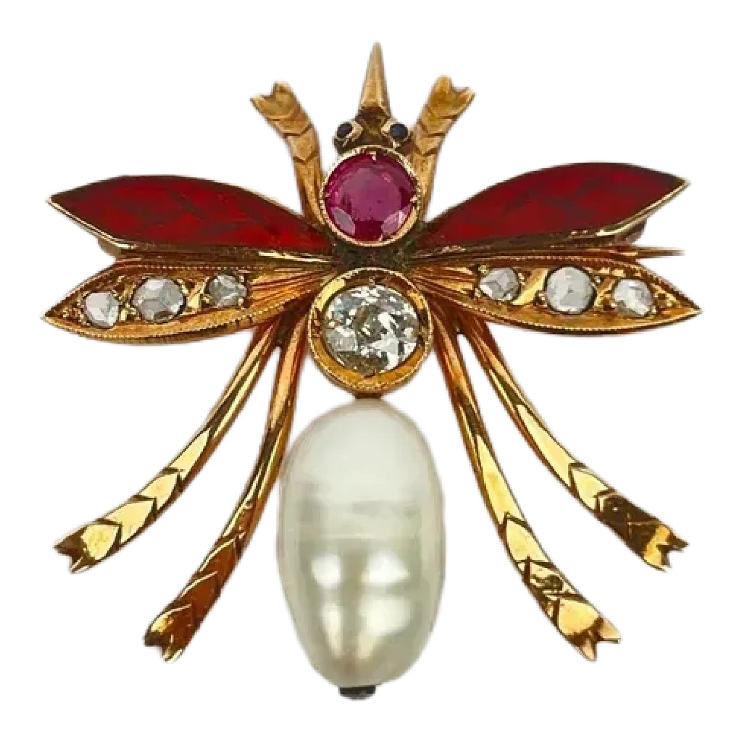 Vintage 14k Gold Pearl Diamond Enamel Insect Brooch Pin