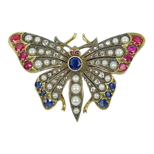 14K Gold Diamond Ruby Sapphire Seed Pearl Butterfly Brooch