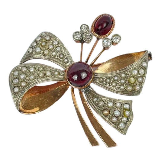 Victorian Seed Pearl Diamond Garnet Brooch