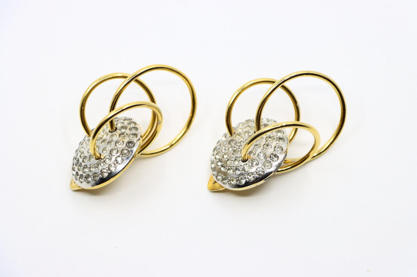 Vintage Valentino Gold & Silver Tone Triple Pierced Rhinestone Earrings