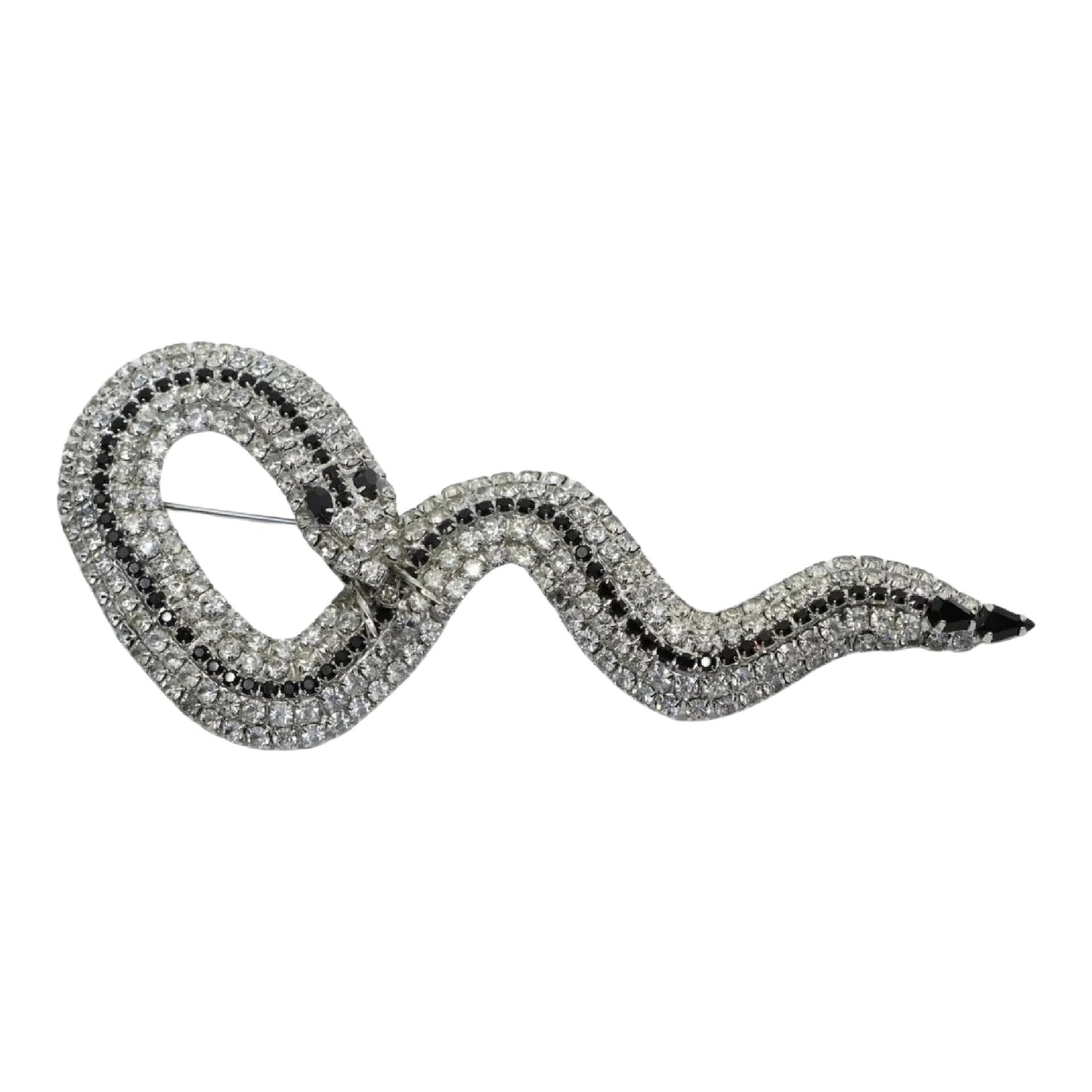 Vintage Silver Tone Black & White Rhinestone Snake Brooch