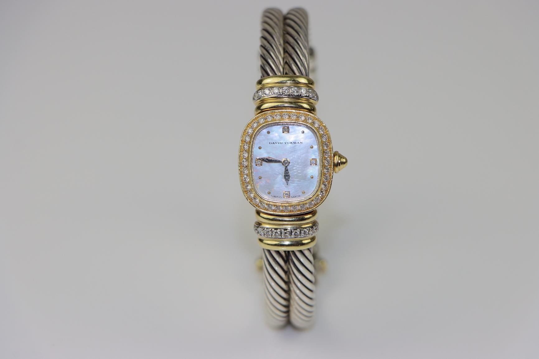 David Yurman 18K Gold & Sterling Diamond Cuff Watch MOP Dial