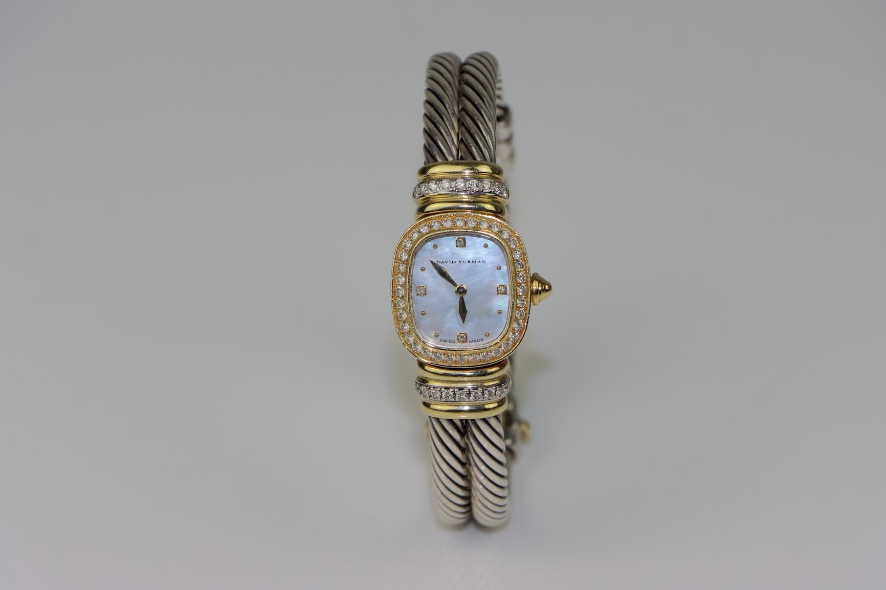 David Yurman 18K Gold & Sterling Diamond Cuff Watch MOP Dial