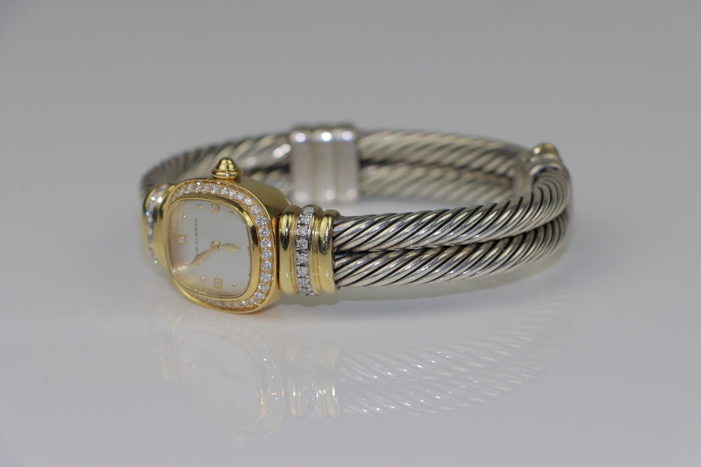 David Yurman 18K Gold & Sterling Diamond Cuff Watch MOP Dial