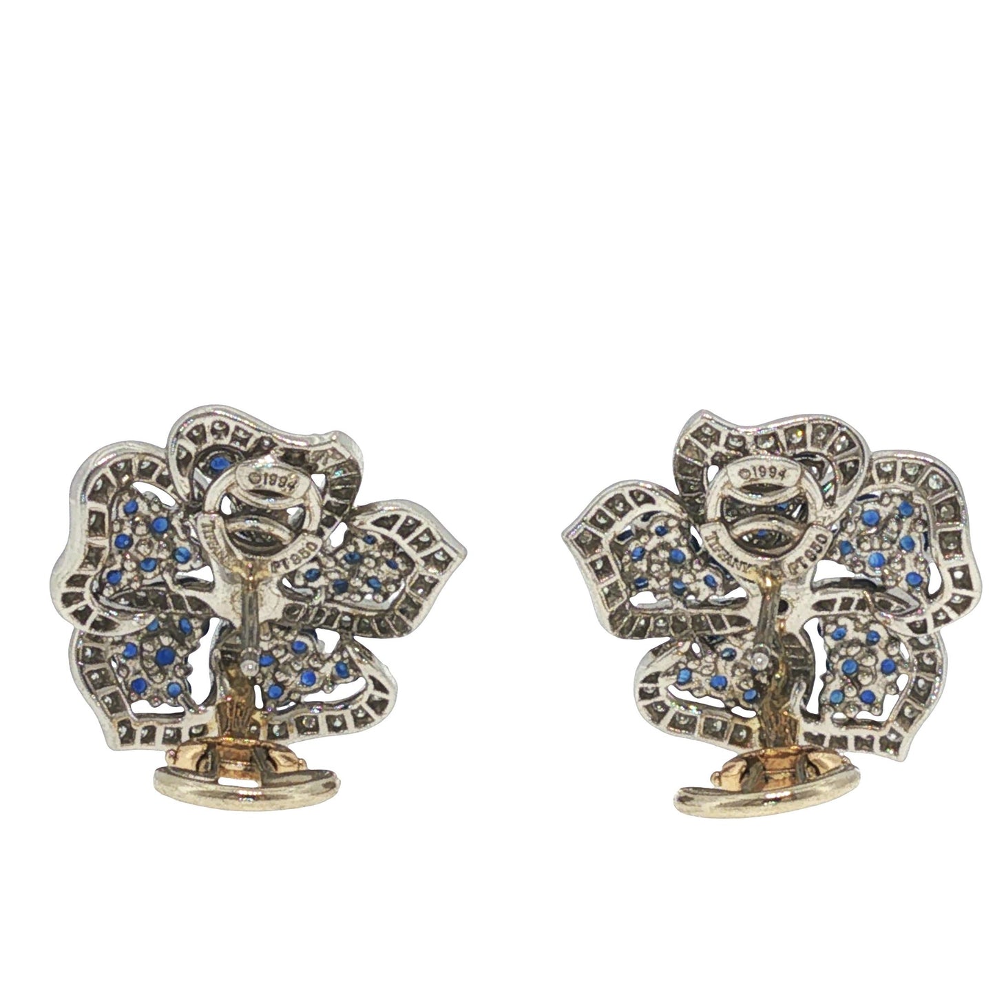 TIFFANY & CO. PLATINUM SAPPHIRE AND DIAMOND FLOWER EARRINGS 1994