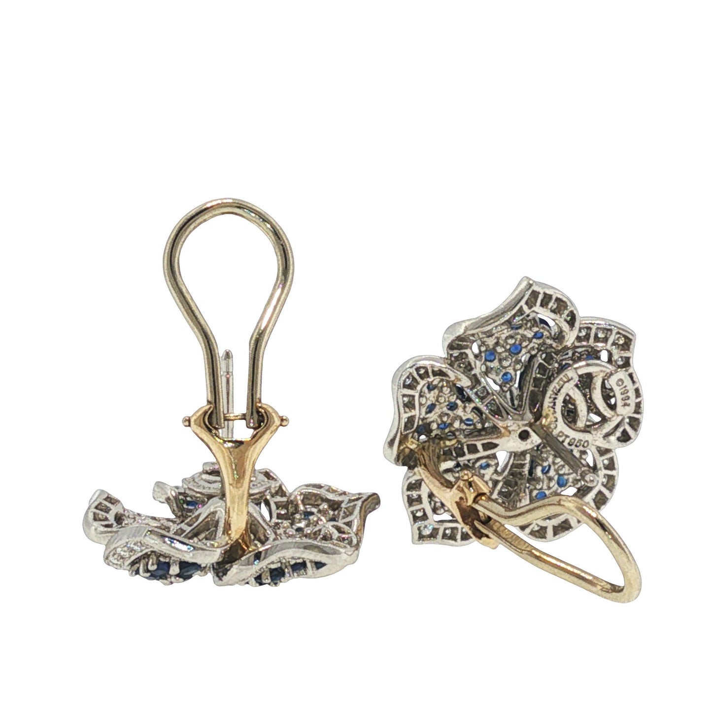 TIFFANY & CO. PLATINUM SAPPHIRE AND DIAMOND FLOWER EARRINGS 1994