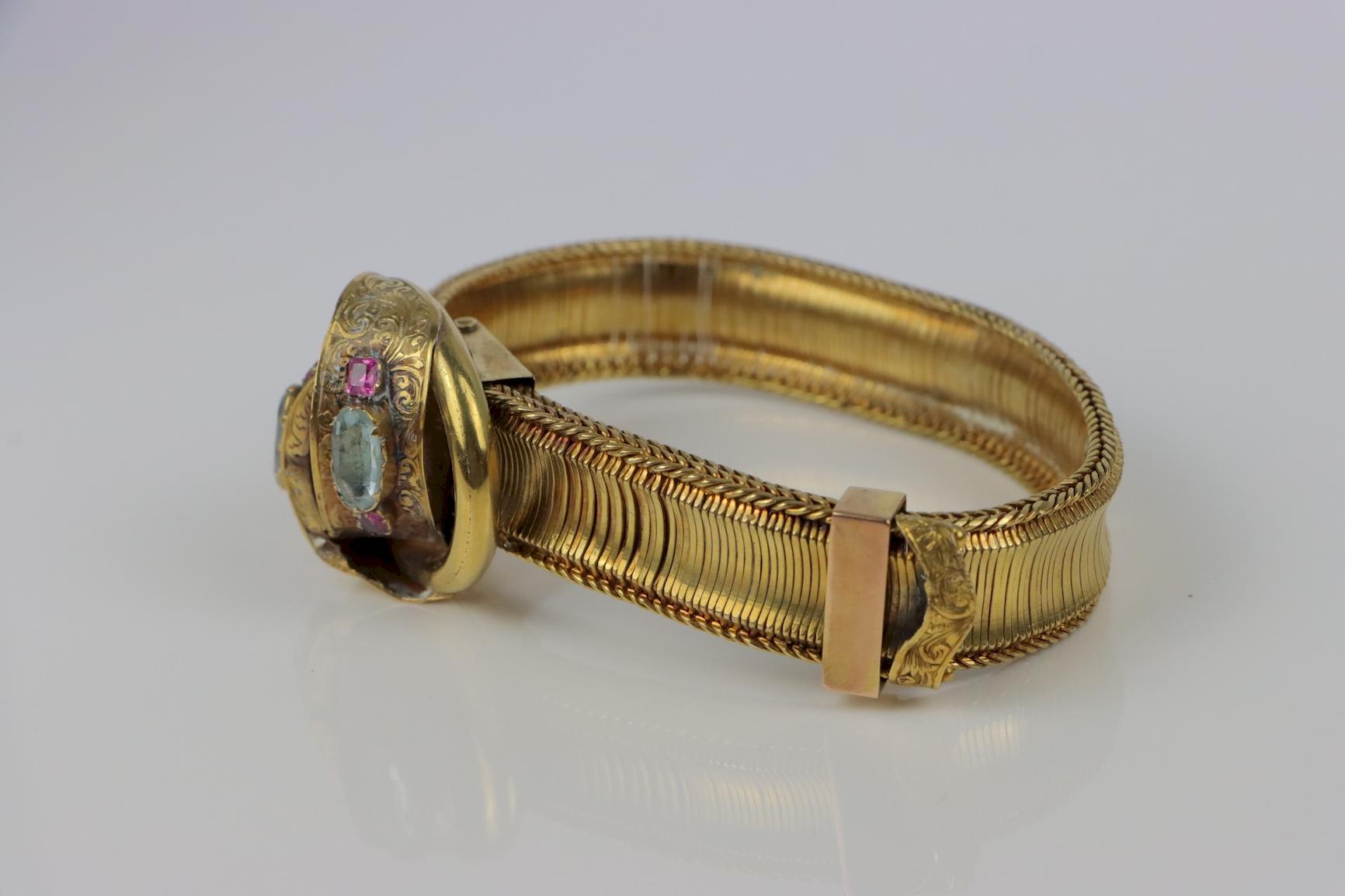 Antique 14K Gold Mesh Belt Bracelet Aquarmarine