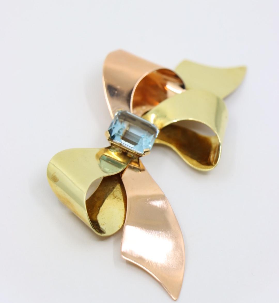 Retro Tiffany & Co. 14K Gold Aquamarine Bow Tie Brooch